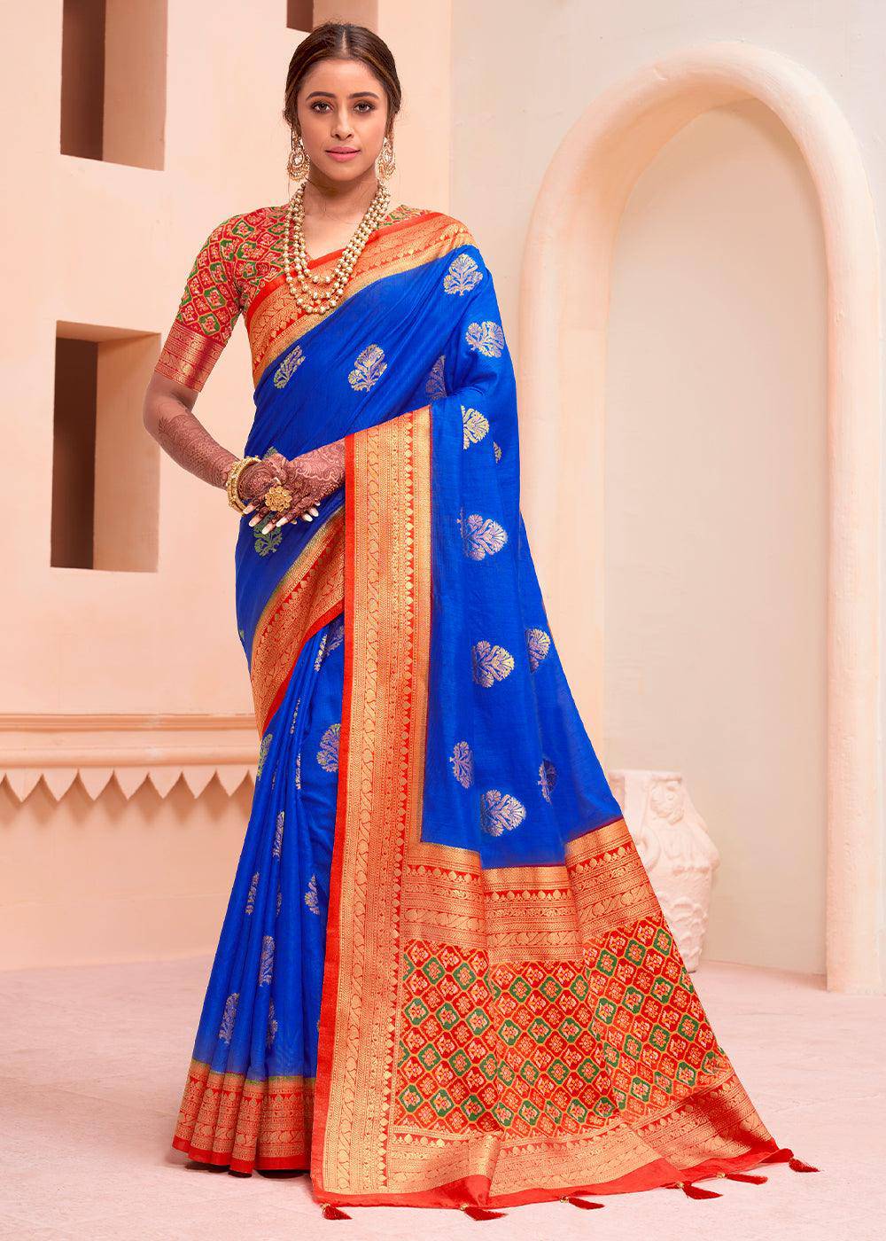 Moroccan Blue Woven Banarasi Patola Silk Saree | Stitched Blouse - qivii