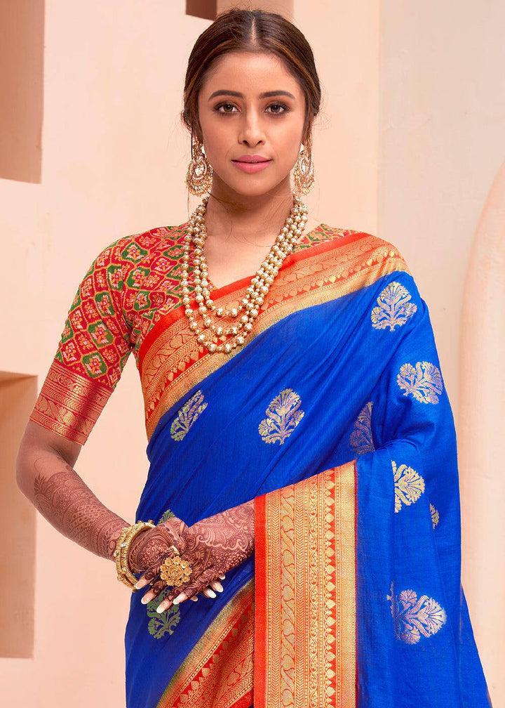 Moroccan Blue Woven Banarasi Patola Silk Saree | Stitched Blouse - qivii