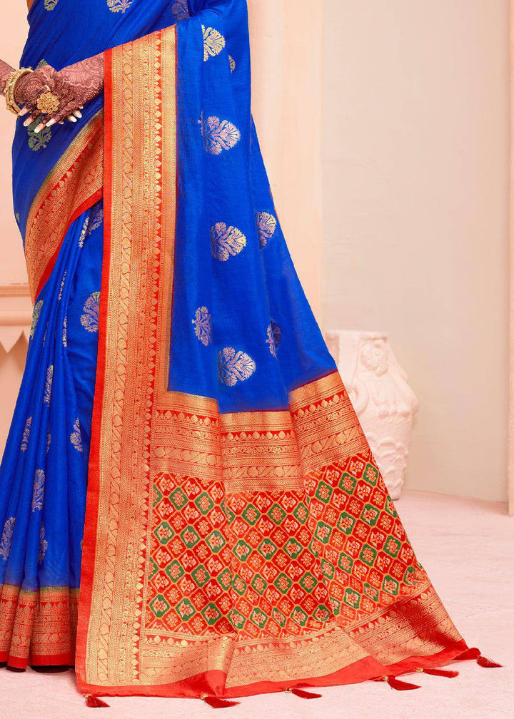 Moroccan Blue Woven Banarasi Patola Silk Saree | Stitched Blouse - qivii