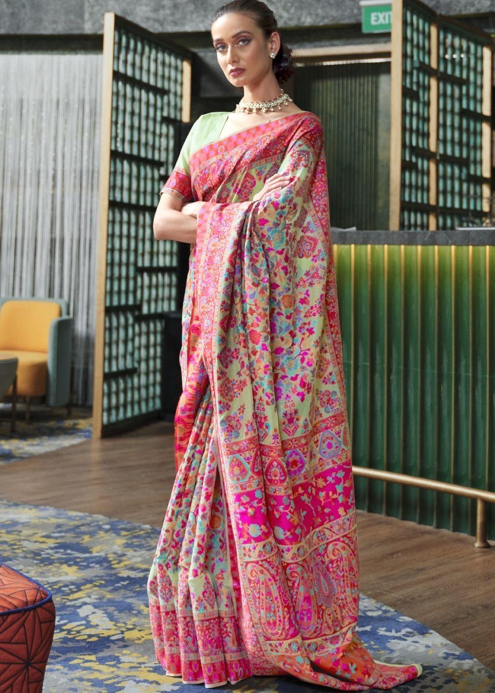 Moss Green Banarasi Jamawar Woven Silk Saree : Top Pick | Stitched Blouse - qivii