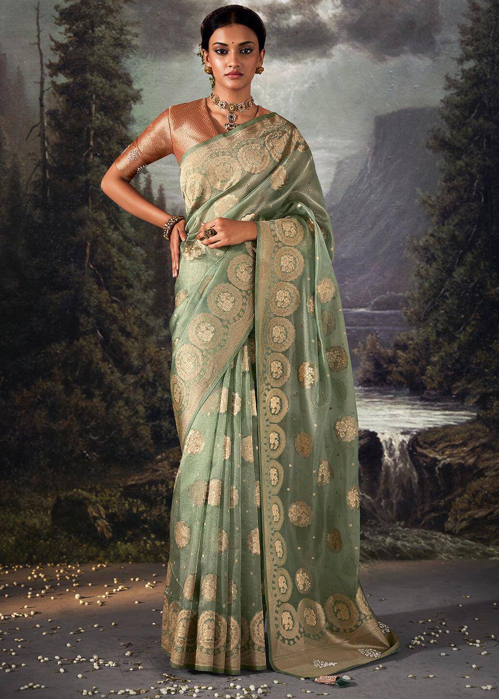 Moss Green Zari Woven Organza Silk Saree with Swarovski Work | Stitched Blouse - qivii