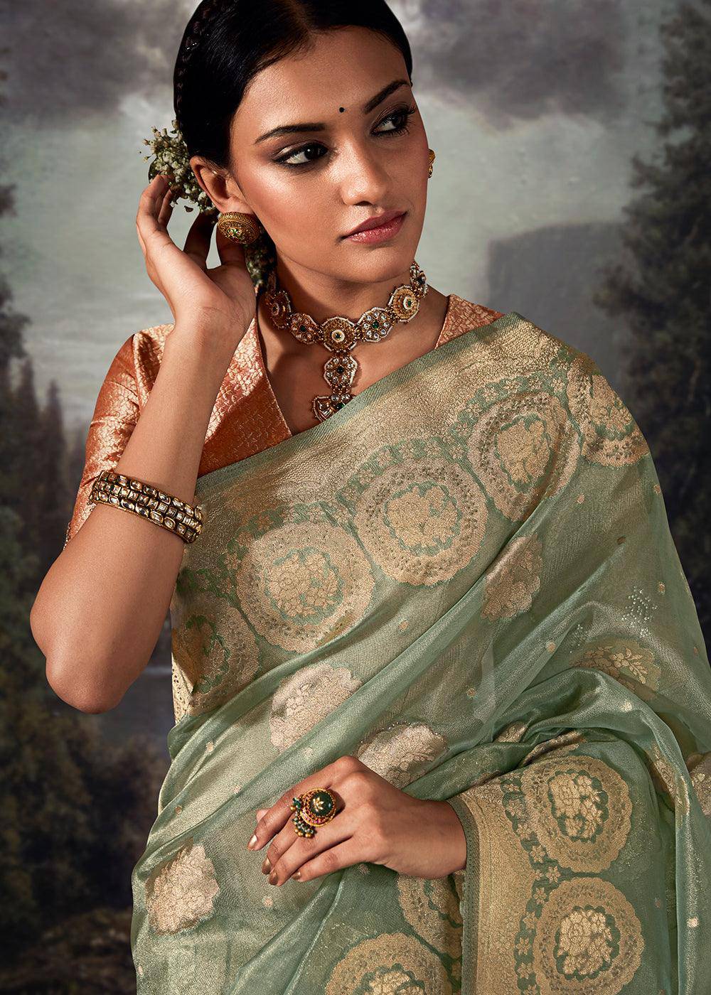 Moss Green Zari Woven Organza Silk Saree with Swarovski Work | Stitched Blouse - qivii