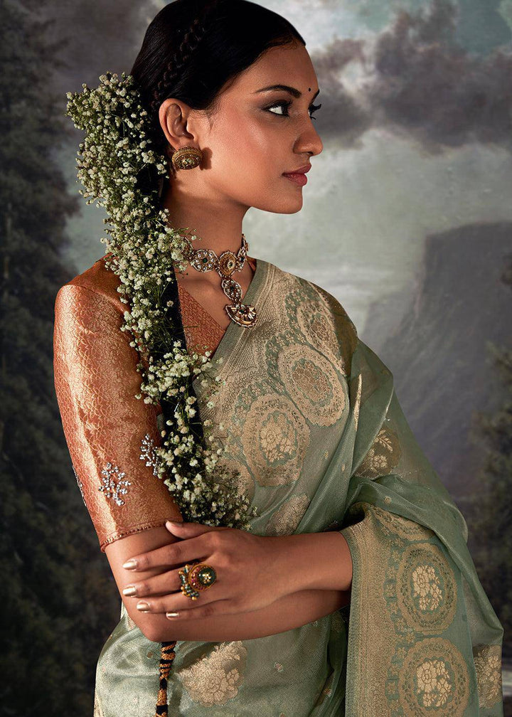 Moss Green Zari Woven Organza Silk Saree with Swarovski Work | Stitched Blouse - qivii