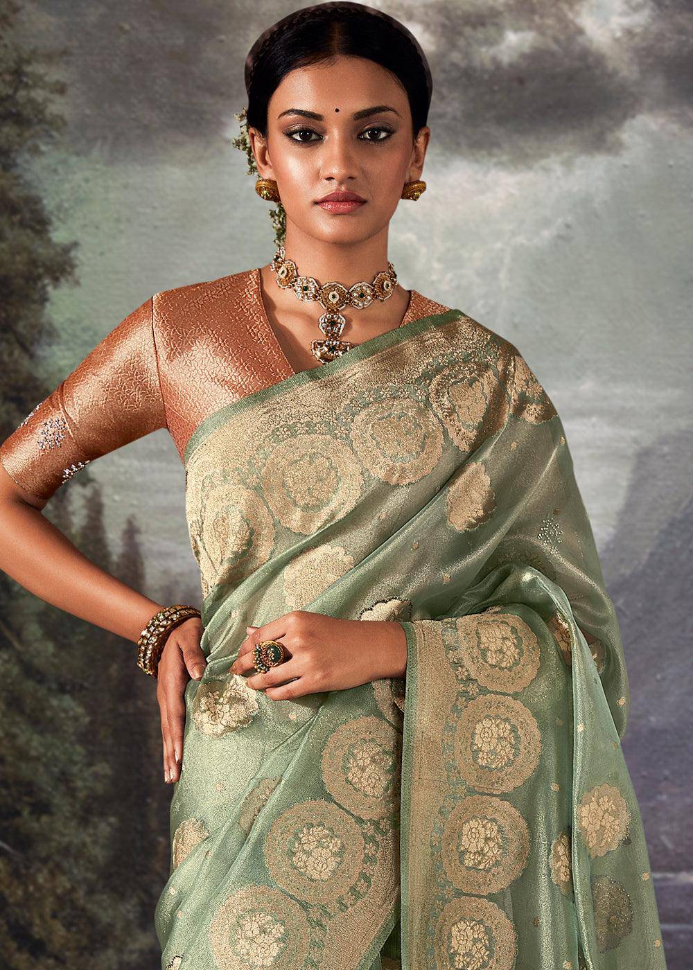 Moss Green Zari Woven Organza Silk Saree with Swarovski Work | Stitched Blouse - qivii