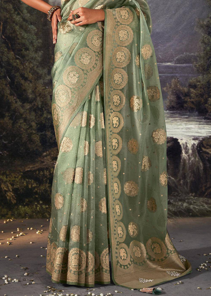 Moss Green Zari Woven Organza Silk Saree with Swarovski Work | Stitched Blouse - qivii