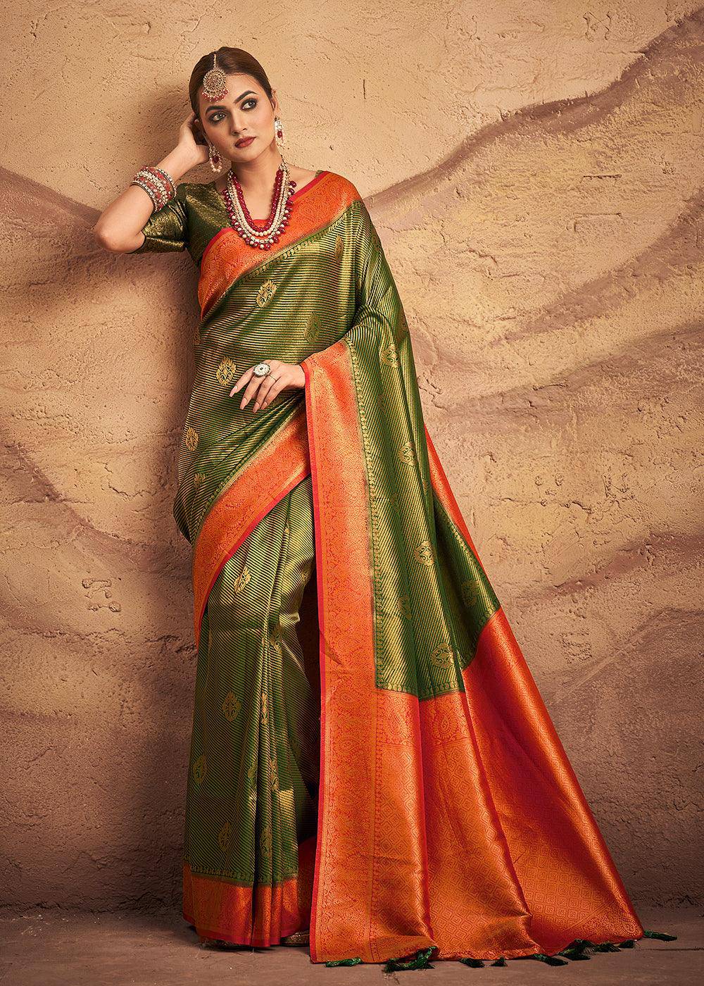 Moss Green Zari Woven Silk Saree | Stitched Blouse - qivii