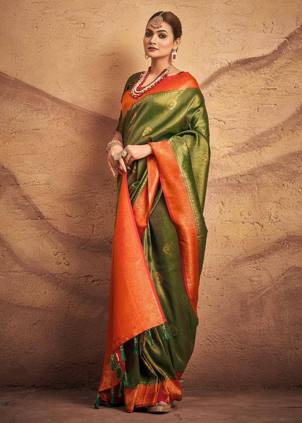 Moss Green Zari Woven Silk Saree | Stitched Blouse - qivii