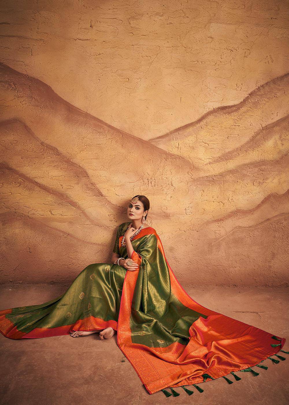 Moss Green Zari Woven Silk Saree | Stitched Blouse - qivii