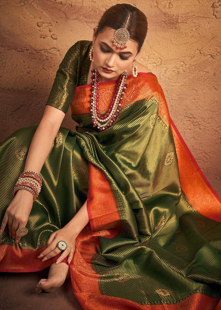 Moss Green Zari Woven Silk Saree | Stitched Blouse - qivii