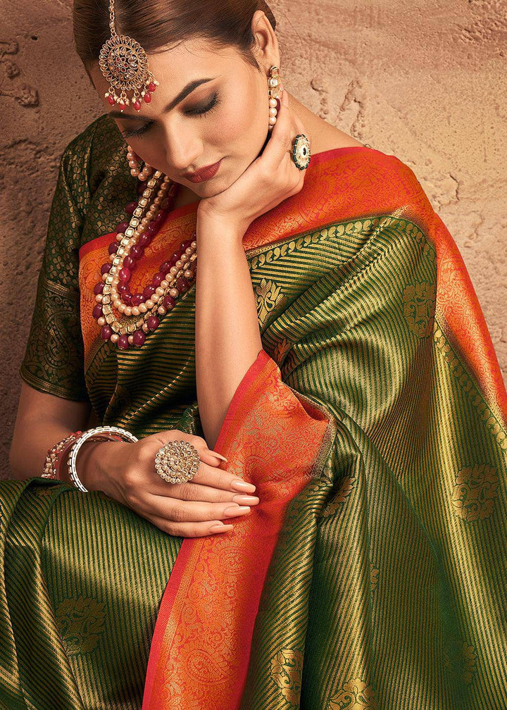 Moss Green Zari Woven Silk Saree | Stitched Blouse - qivii