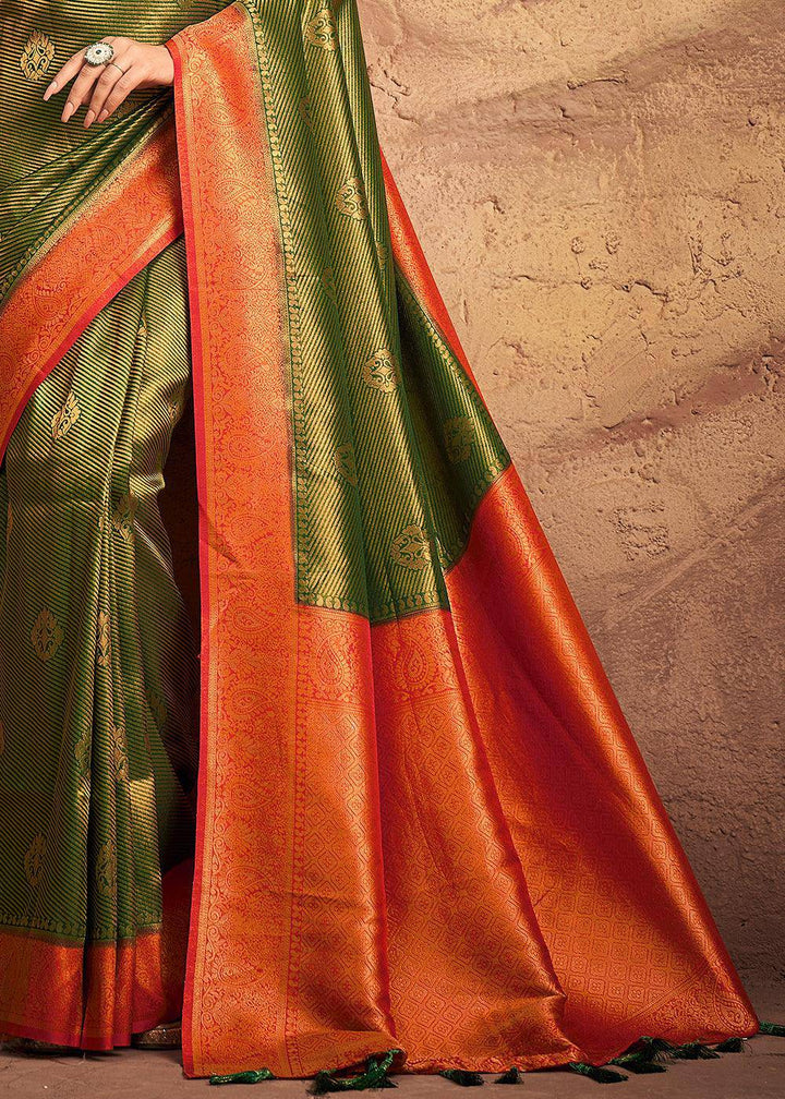 Moss Green Zari Woven Silk Saree | Stitched Blouse - qivii