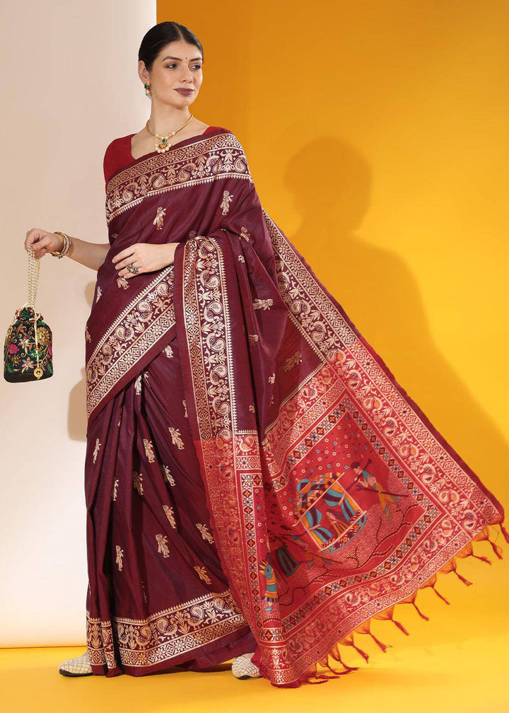 Mulberry Purple Kalamkari Woven Handloom Raw Silk Saree | Stitched Blouse - qivii