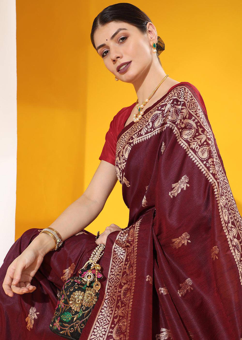 Mulberry Purple Kalamkari Woven Handloom Raw Silk Saree | Stitched Blouse - qivii