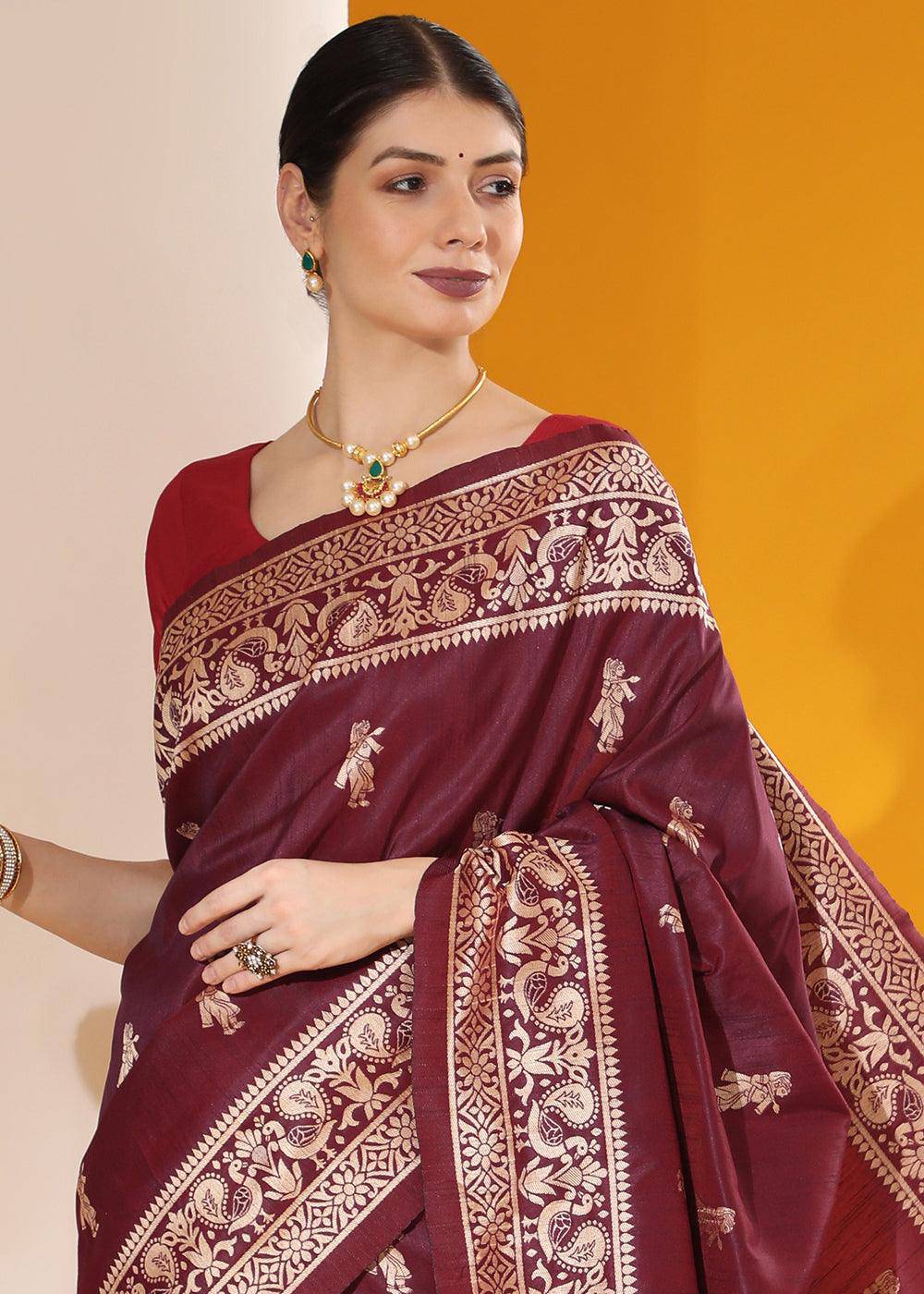 Mulberry Purple Kalamkari Woven Handloom Raw Silk Saree | Stitched Blouse - qivii