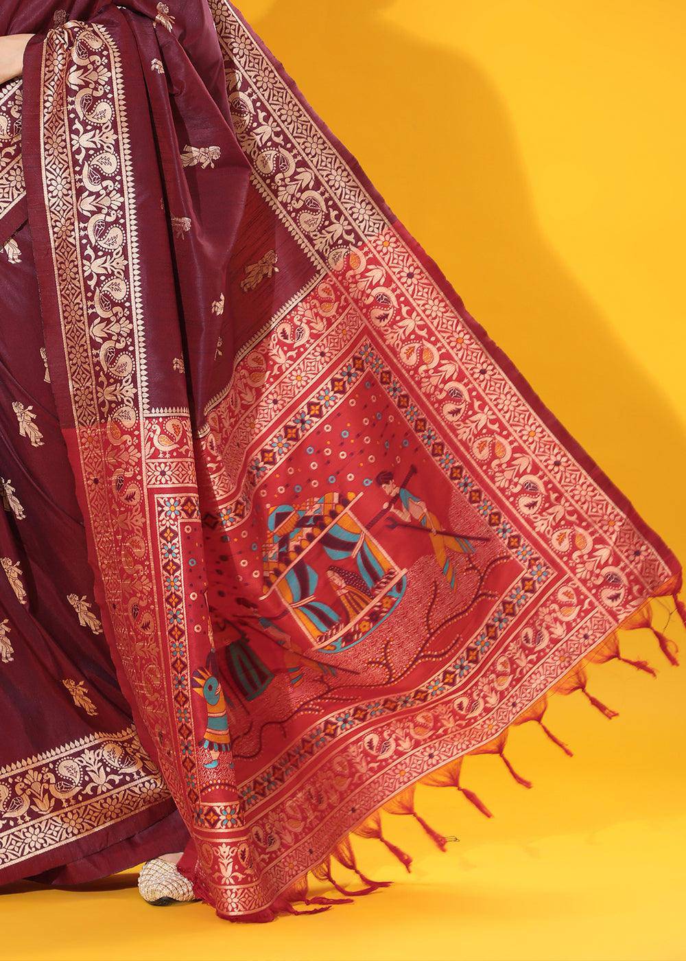 Mulberry Purple Kalamkari Woven Handloom Raw Silk Saree | Stitched Blouse - qivii