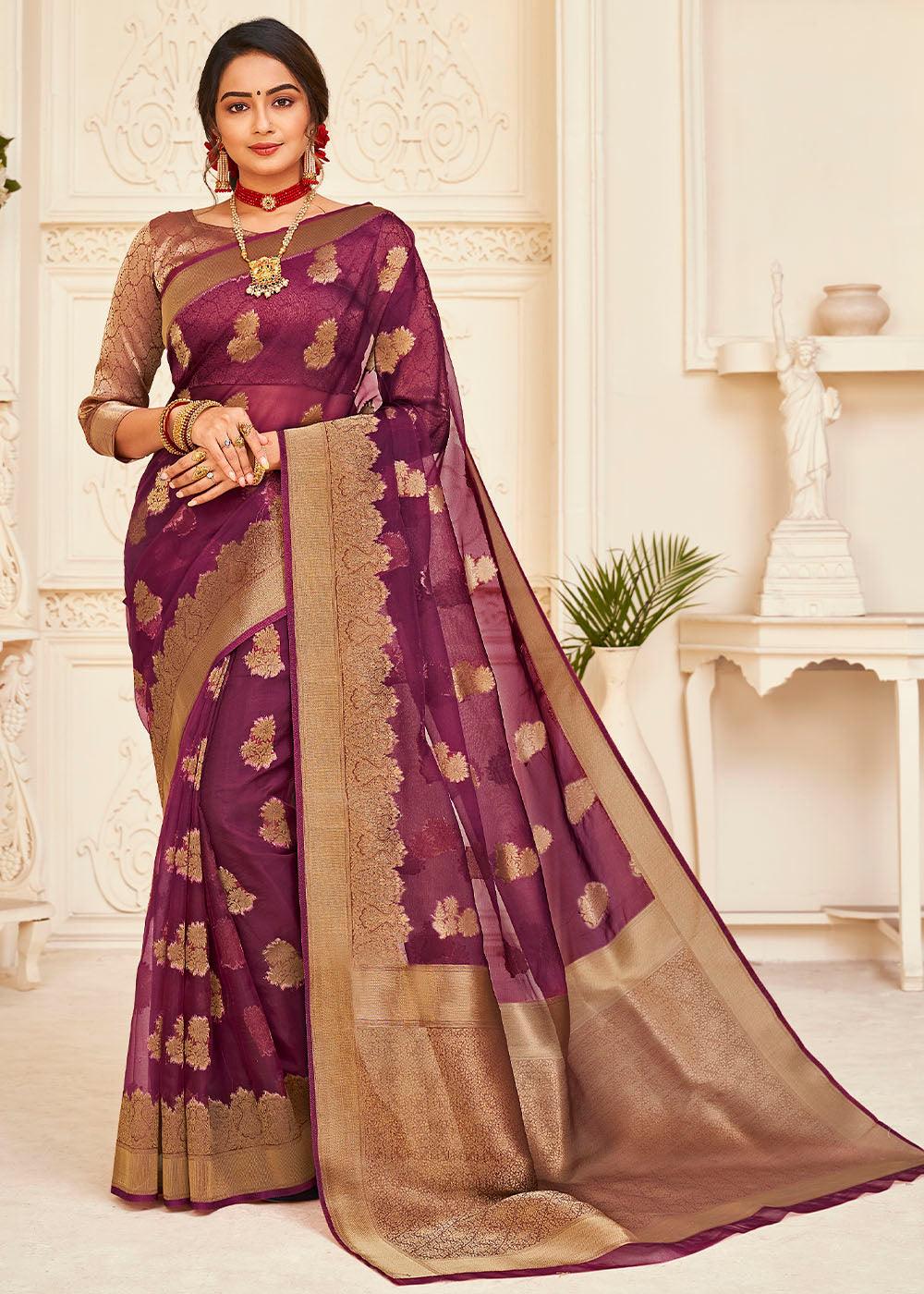 Mulberry Purple Zari Woven Organza Silk Saree | Stitched Blouse - qivii