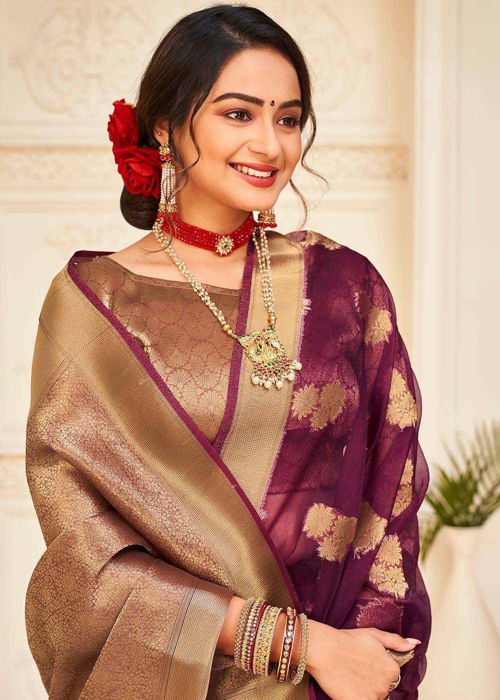 Mulberry Purple Zari Woven Organza Silk Saree | Stitched Blouse - qivii