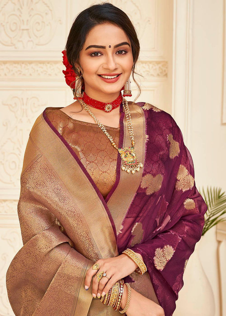 Mulberry Purple Zari Woven Organza Silk Saree | Stitched Blouse - qivii