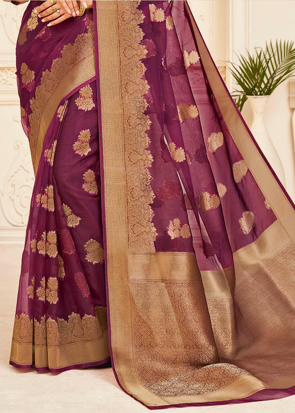 Mulberry Purple Zari Woven Organza Silk Saree | Stitched Blouse - qivii