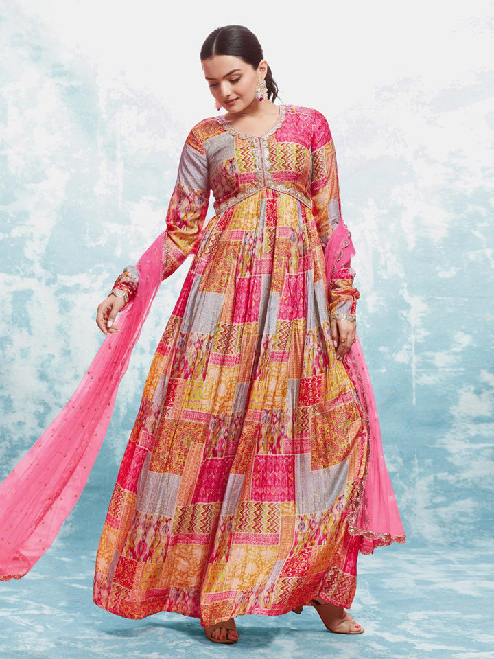 Multi color Anarkali kurta with dupatta set by Qivii