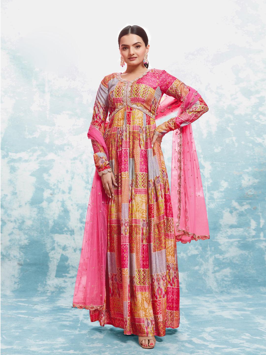 Multi color Anarkali kurta with dupatta set by Qivii