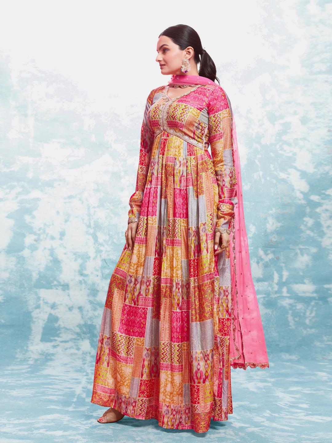 Multi color Anarkali kurta with dupatta set by Qivii