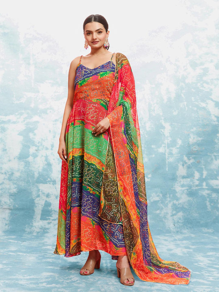 Multi-color bandhani print gown with matching dupatta in vibrant hues