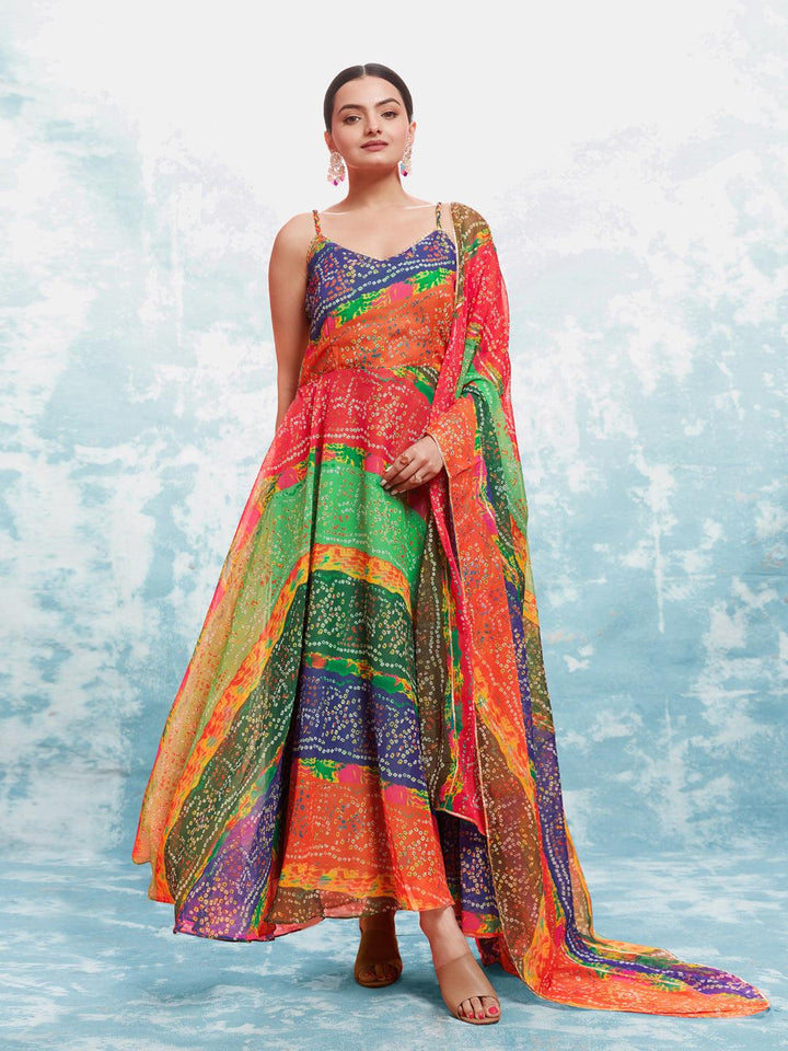 Elegant Qivii gown with intricate bandhani print and flowing dupatta