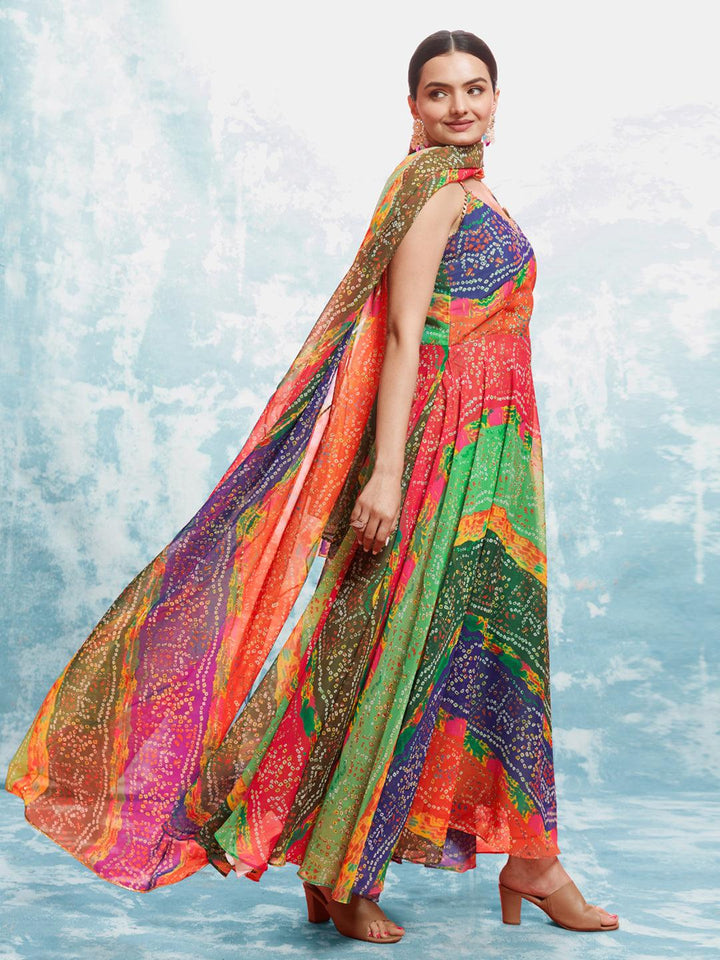 Beautiful traditional Indian gown in multi-color bandhani print by Qivii