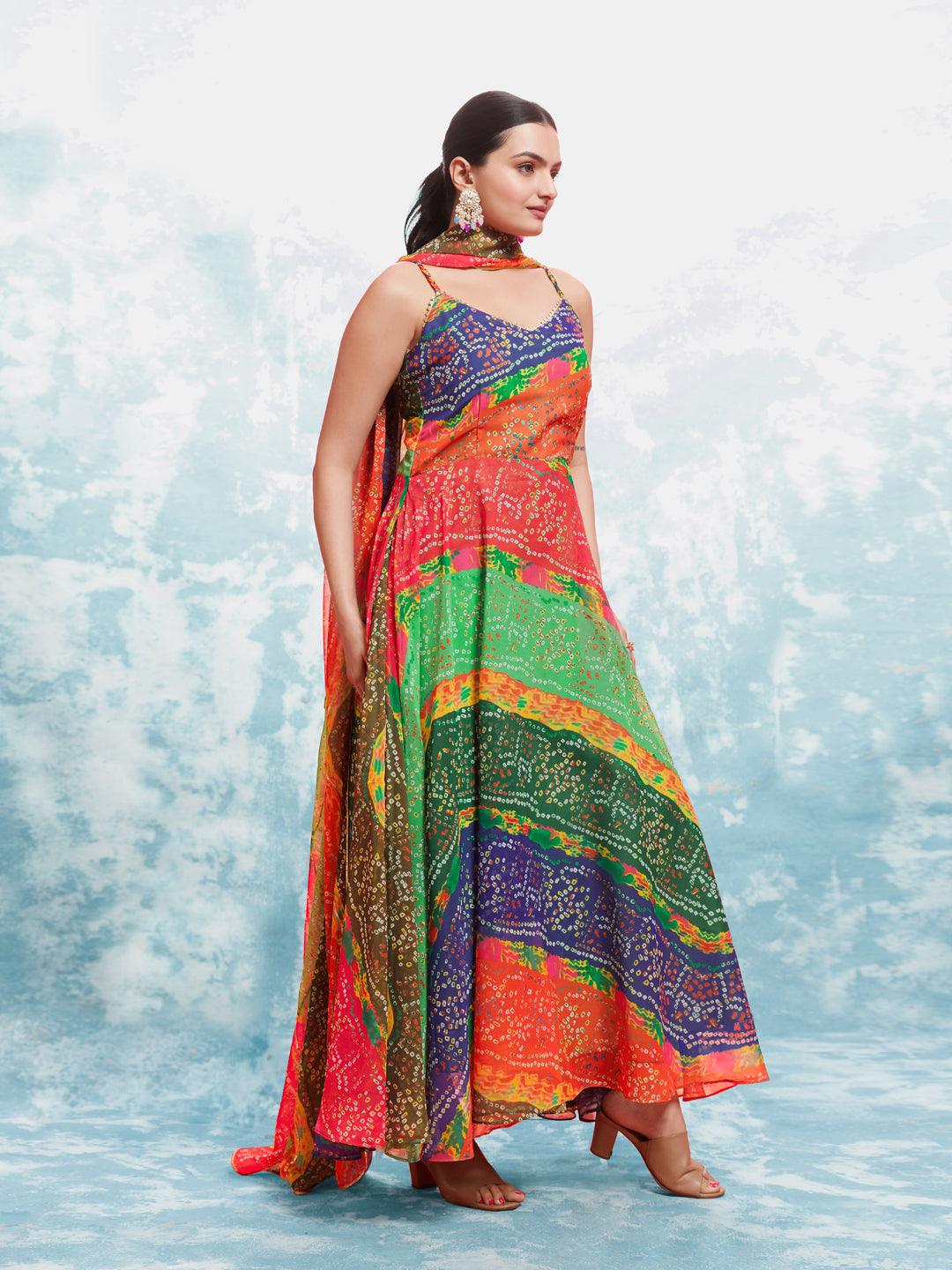 Stunning ethnic ensemble with colorful bandhani print and matching dupatta