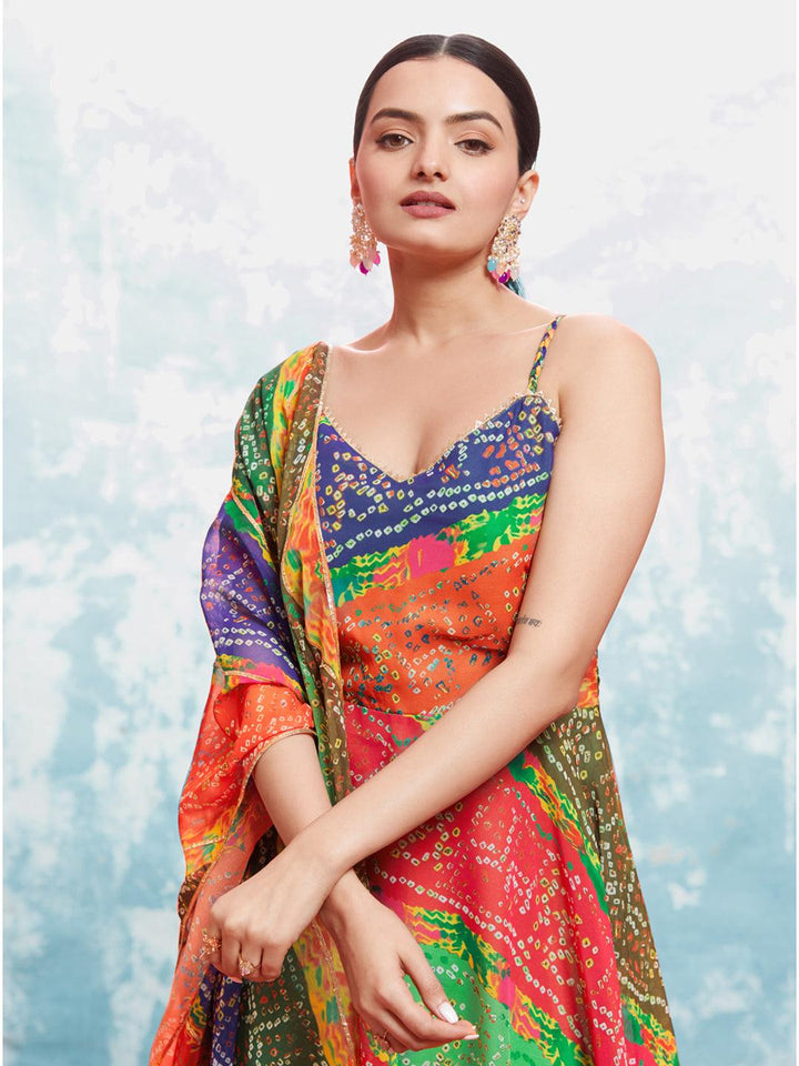 Qivii's bandhani print gown in a stunning array of vibrant colors and patterns