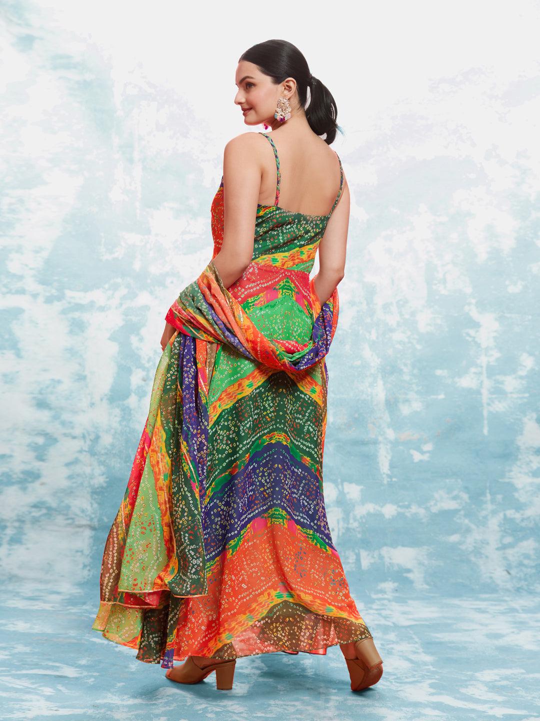 Full-length image of the multi color bandhani print gown with dupatta by Qivii, capturing the beauty and elegance of the ensemble