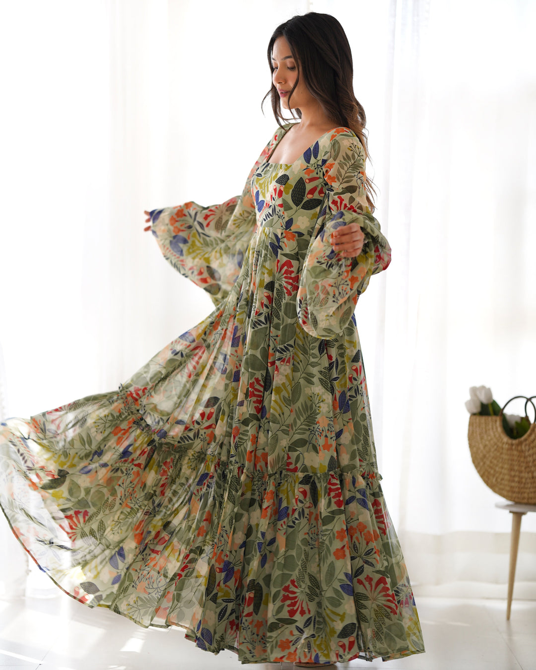 Multi color printed georgette base floral gown by Qivii