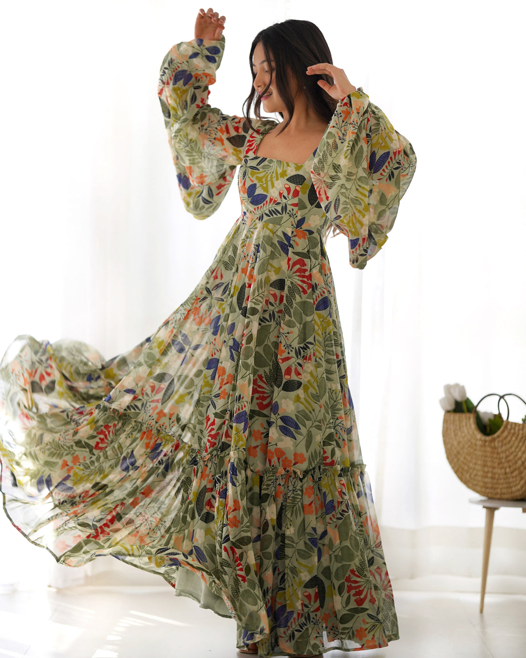 Multi color printed georgette base floral gown by Qivii