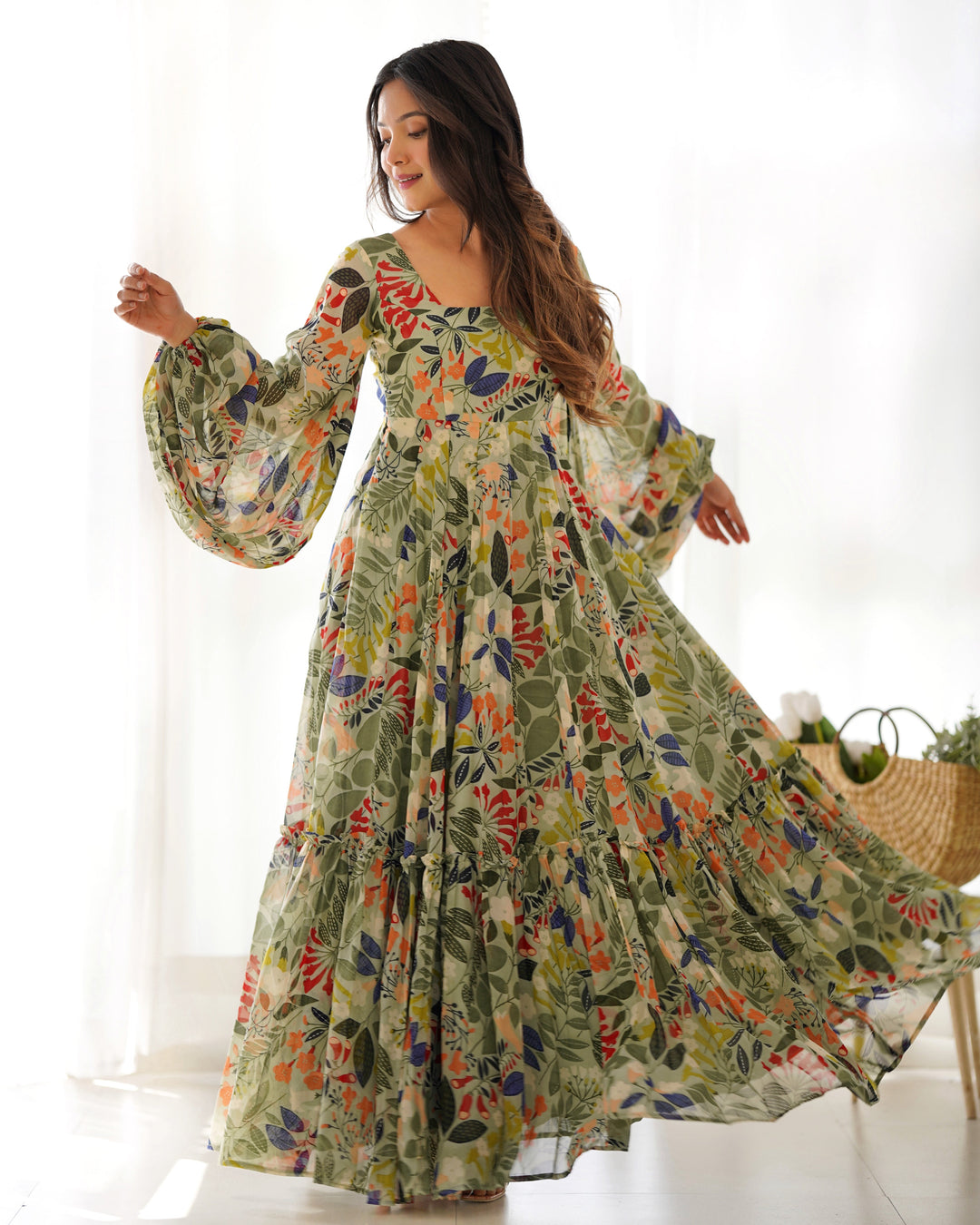 Multi color printed georgette base floral gown by Qivii