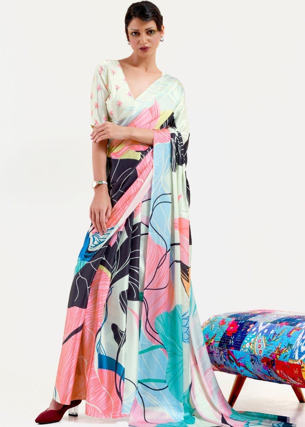 Multi Colored Digital Printed Satin Crepe Saree | Stitched Blouse - qivii