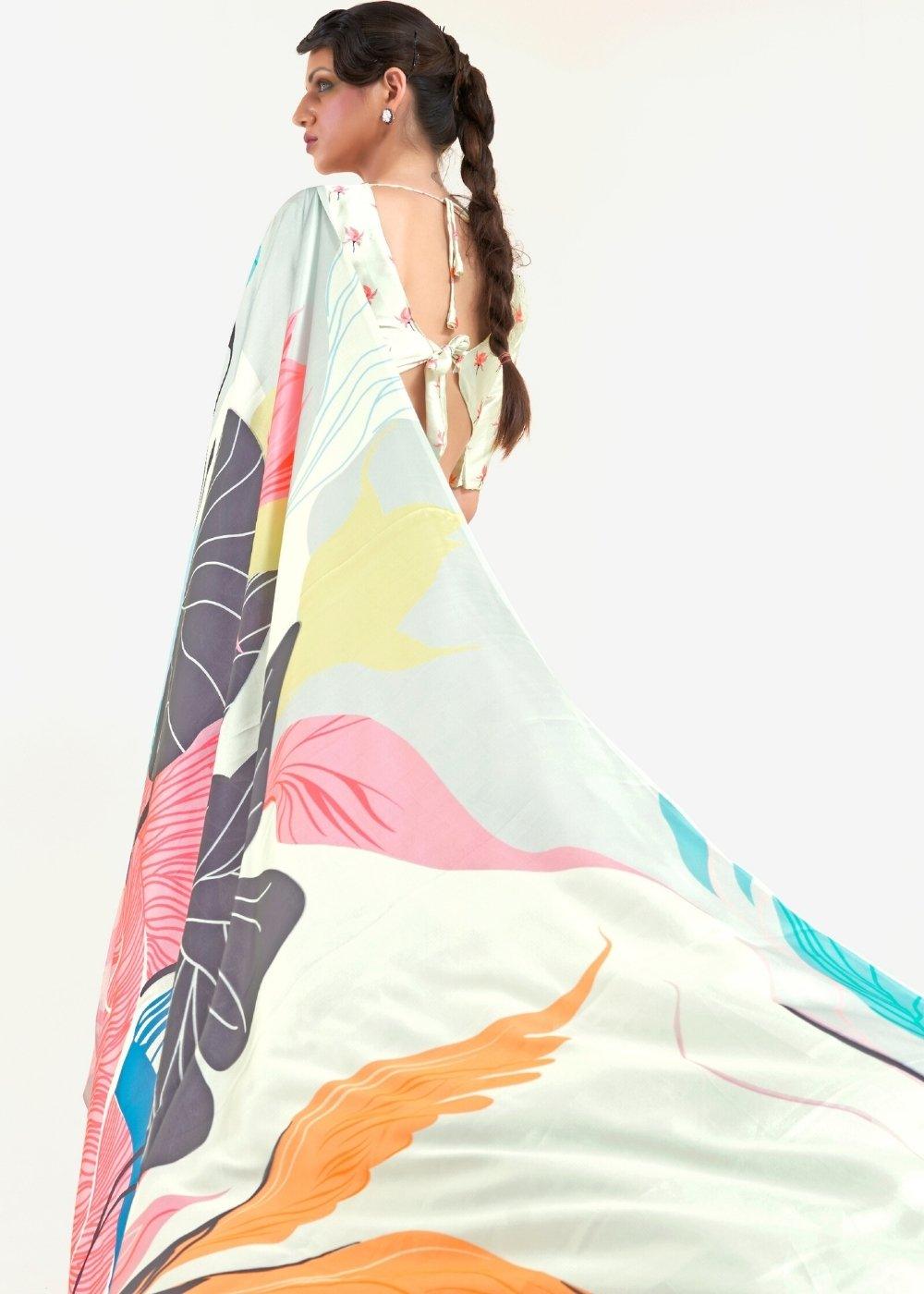 Multi Colored Digital Printed Satin Crepe Saree | Stitched Blouse - qivii