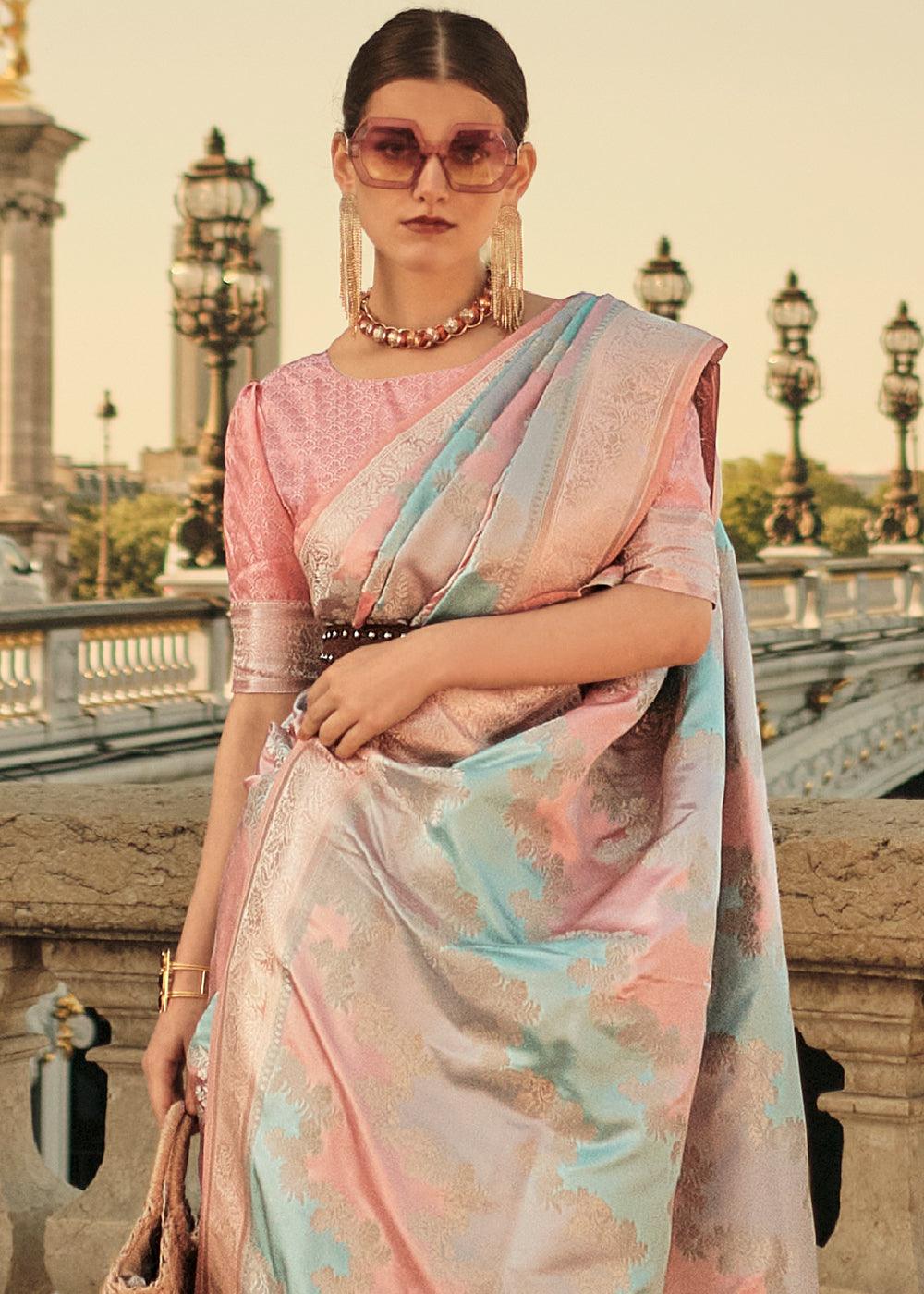 Multi Colored Woven Rangkat Satin Silk Saree - qivii