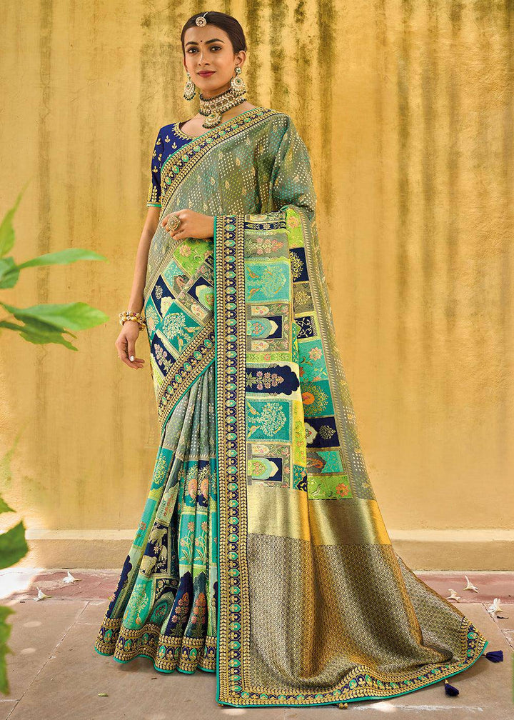 Multi Coloured Dola Silk Saree with Beautiful Embroidery work: Wedding Edition | Stitched Blouse - qivii