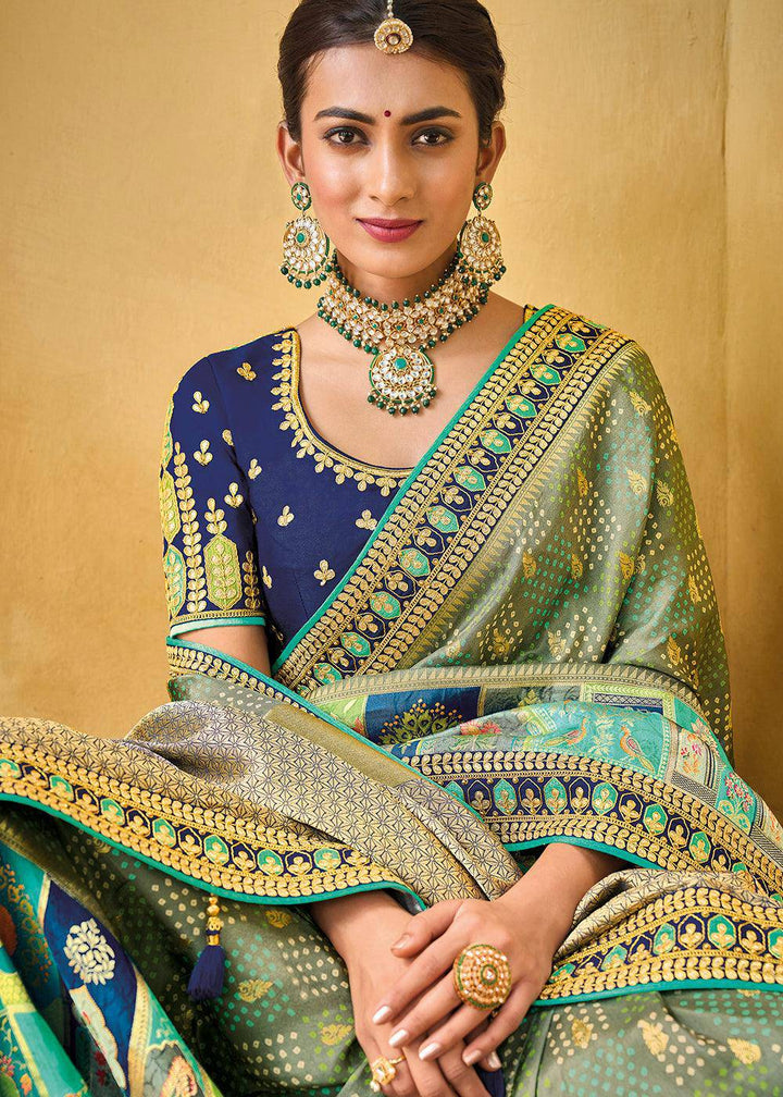 Multi Coloured Dola Silk Saree with Beautiful Embroidery work: Wedding Edition | Stitched Blouse - qivii