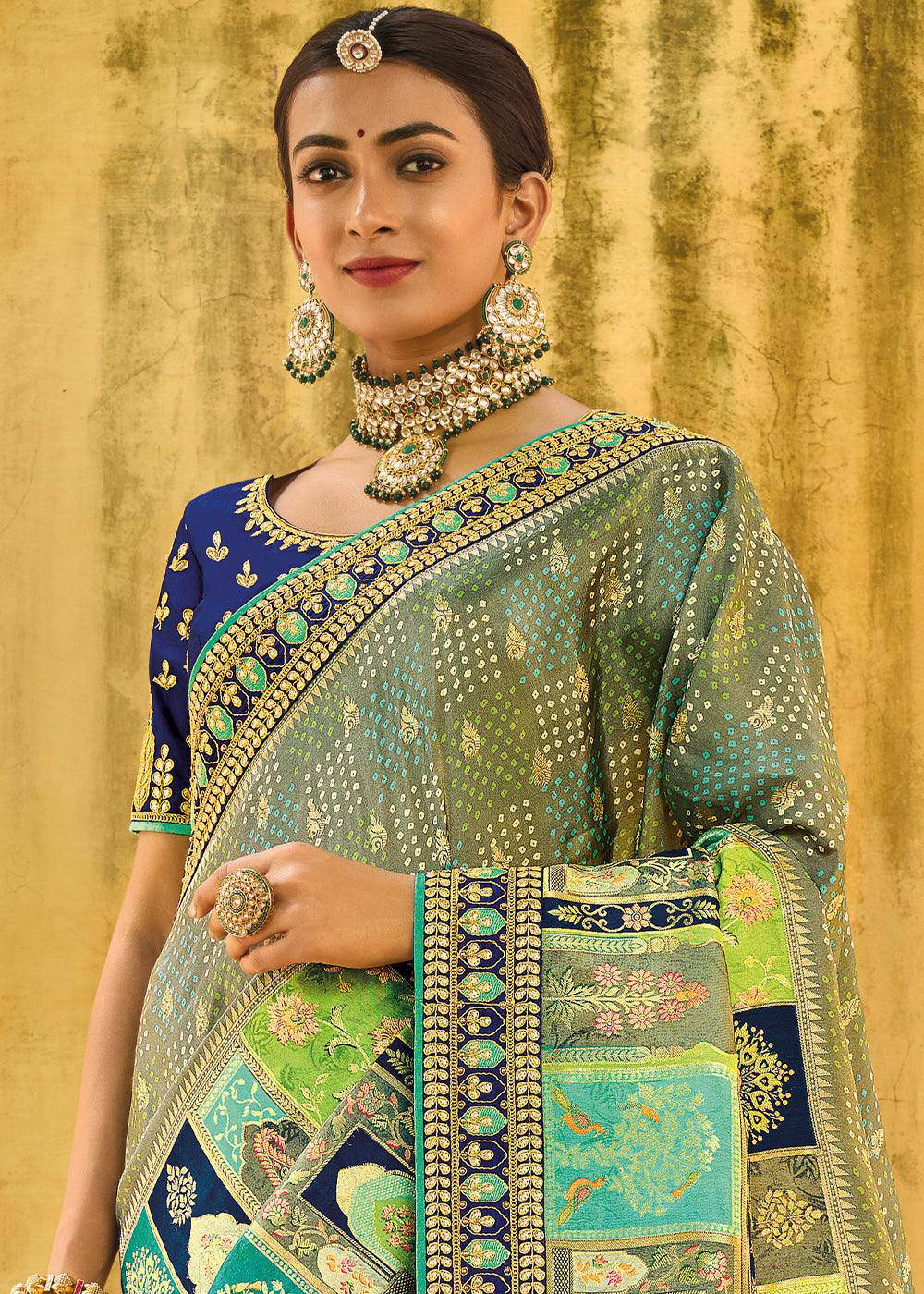 Multi Coloured Dola Silk Saree with Beautiful Embroidery work: Wedding Edition | Stitched Blouse - qivii