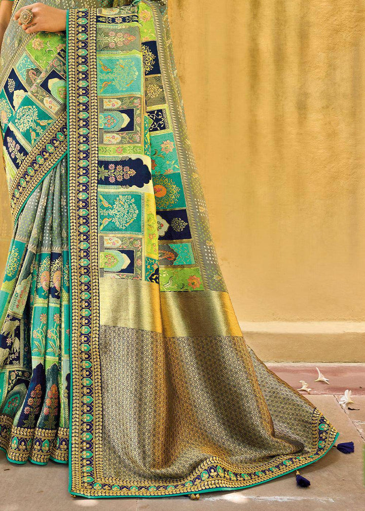 Multi Coloured Dola Silk Saree with Beautiful Embroidery work: Wedding Edition | Stitched Blouse - qivii