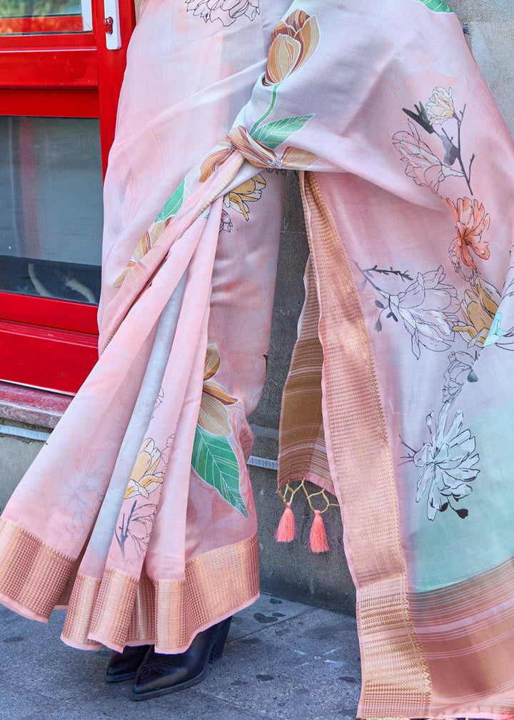 Multi Coloured Floral Printed Satin Organza Saree | Stitched Blouse - qivii