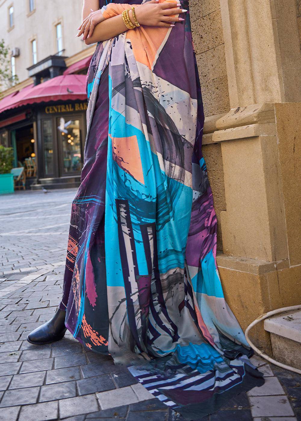 Multicolored Digital Printed Crepe Silk Saree | Stitched Blouse - qivii