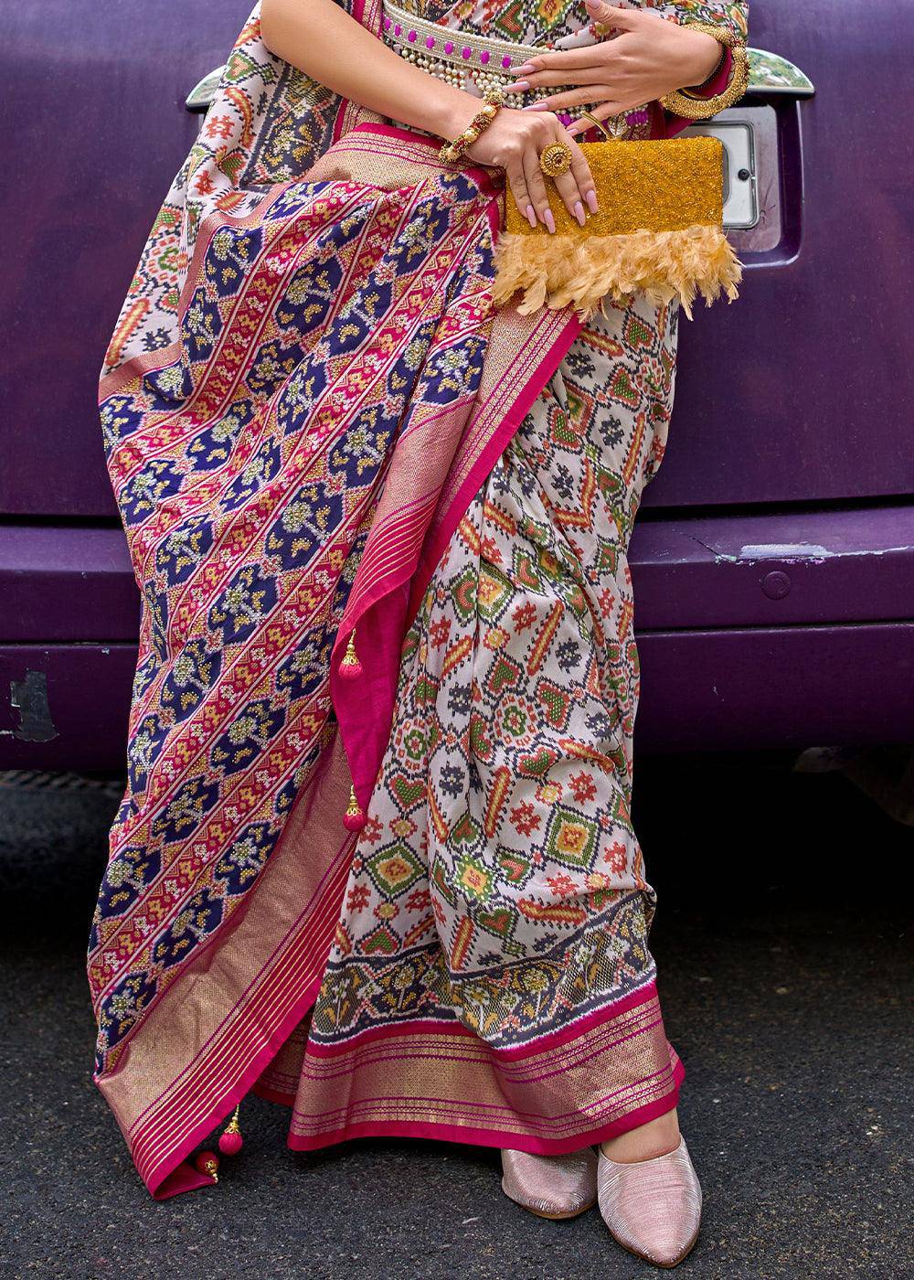 Multicolored Patola Printed Viscose Silk Saree | Stitched Blouse - qivii