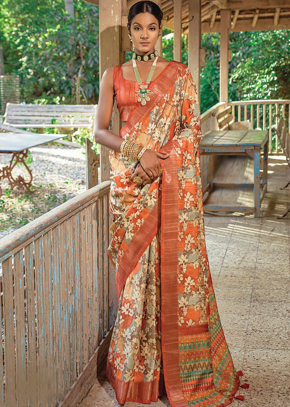 Multicolored Printed Dola Silk Saree | Stitched Blouse - qivii