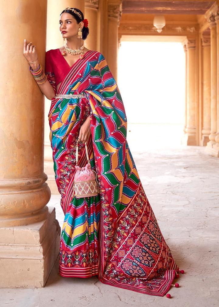 Multicoloured Printed Patola Silk Saree with Zari Border & Tassels on Pallu | Stitched Blouse - qivii