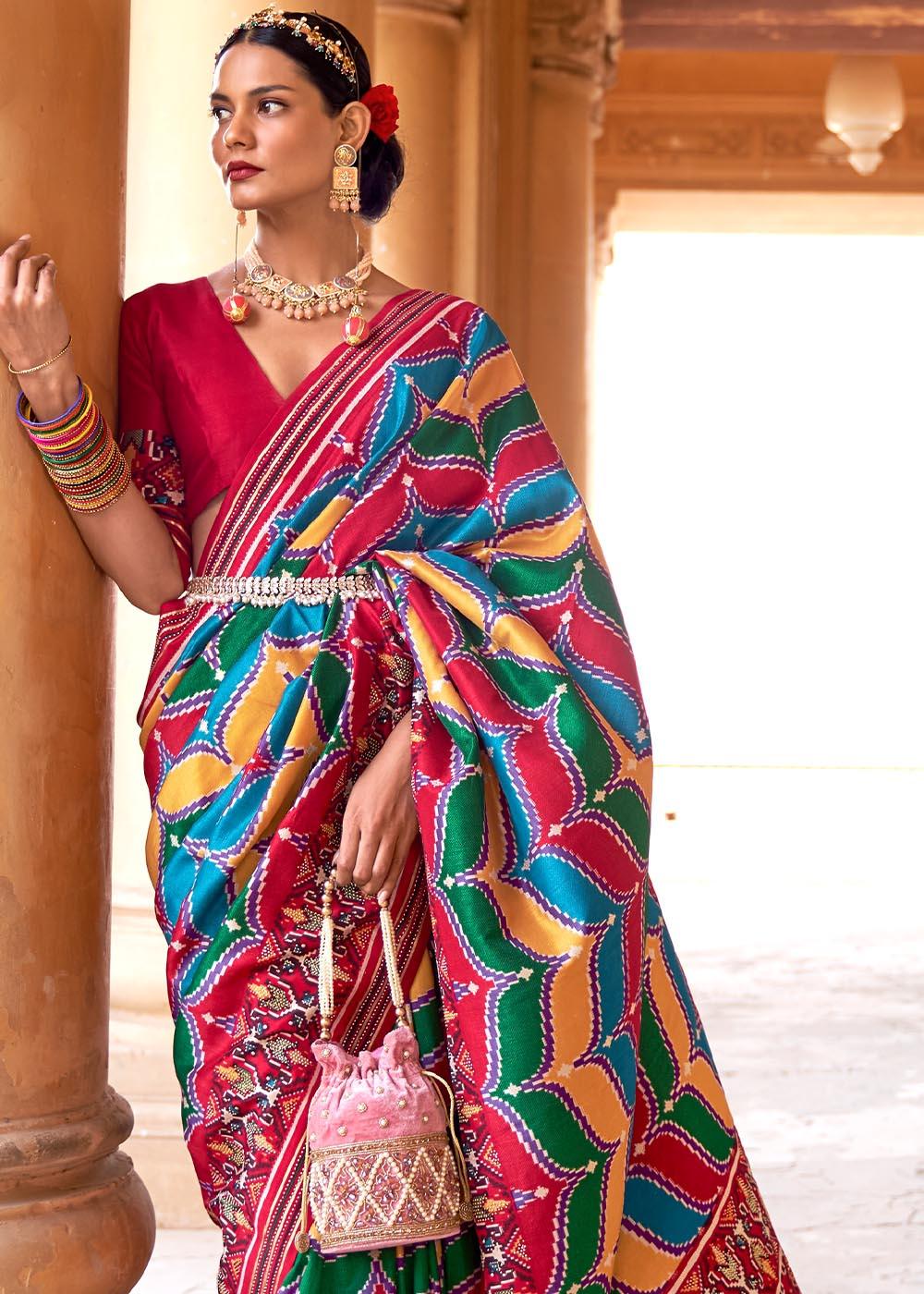 Multicoloured Printed Patola Silk Saree with Zari Border & Tassels on Pallu | Stitched Blouse - qivii