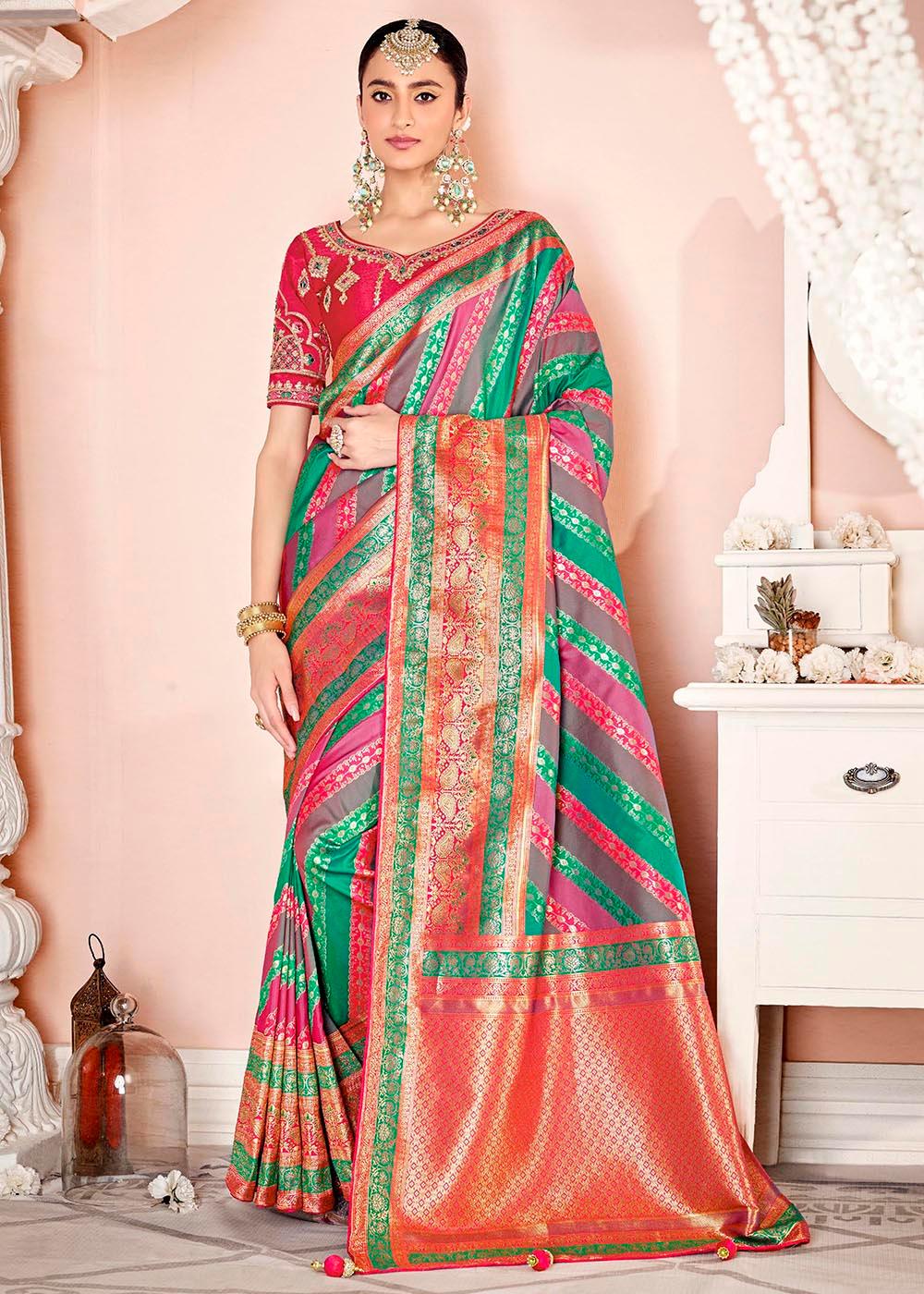 Multicoloured Woven Banarasi Silk Saree with Embroidered Blouse | Stitched Blouse - qivii