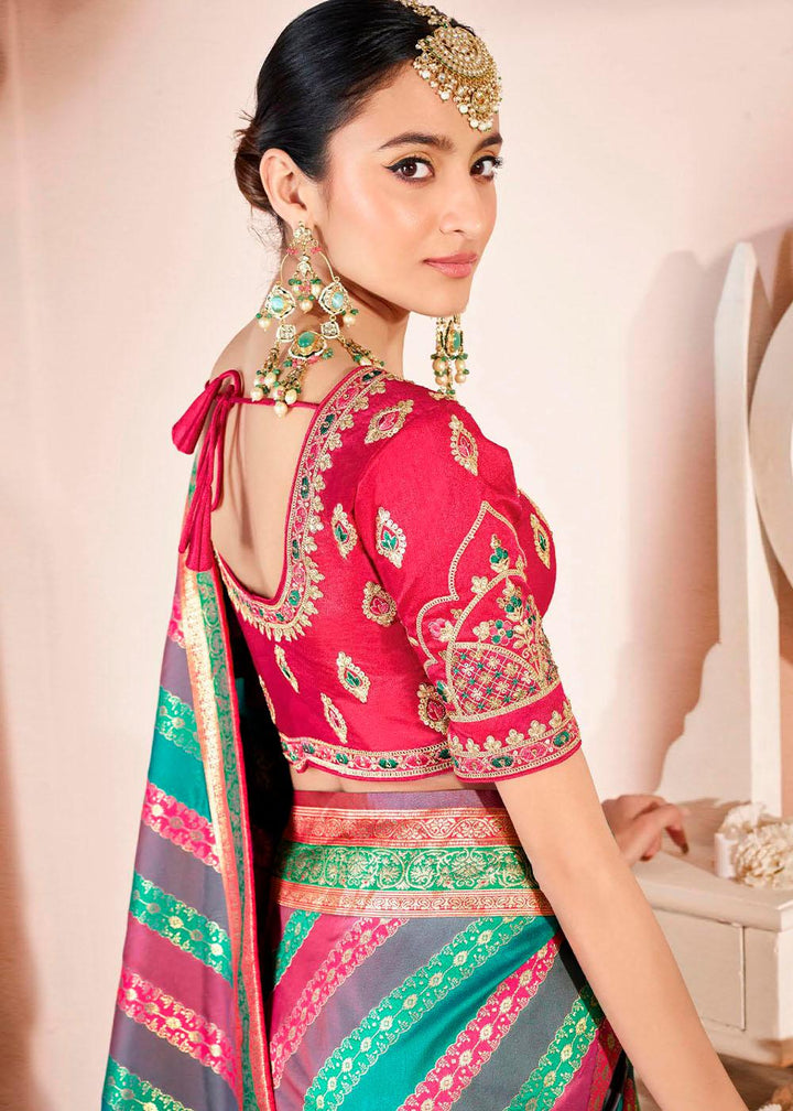 Multicoloured Woven Banarasi Silk Saree with Embroidered Blouse | Stitched Blouse - qivii